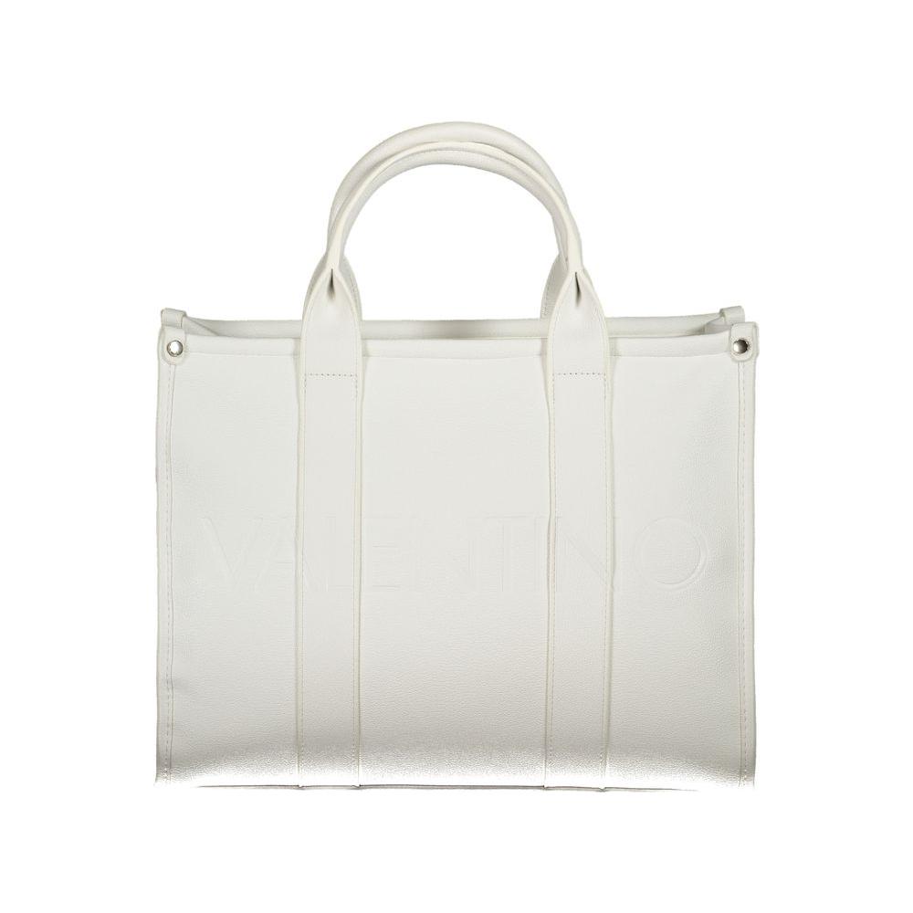 Valentino white polyethylene handbag with dual handles, adjustable shoulder straps, internal pockets, and zip closure.
