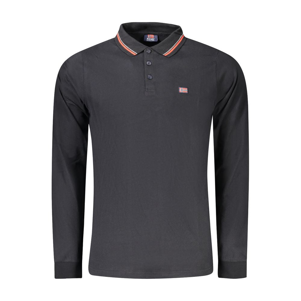 Norway 1963 black cotton long-sleeve men polo shirt with logo embroidery and contrasting collar details, stylish and sophisticated.