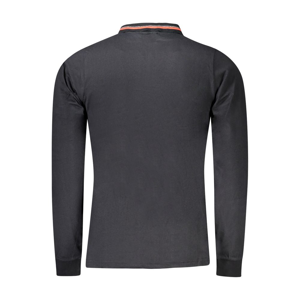 Back view of Norway 1963 black cotton men's long-sleeve polo shirt with contrasting collar details, showcasing timeless sophistication.