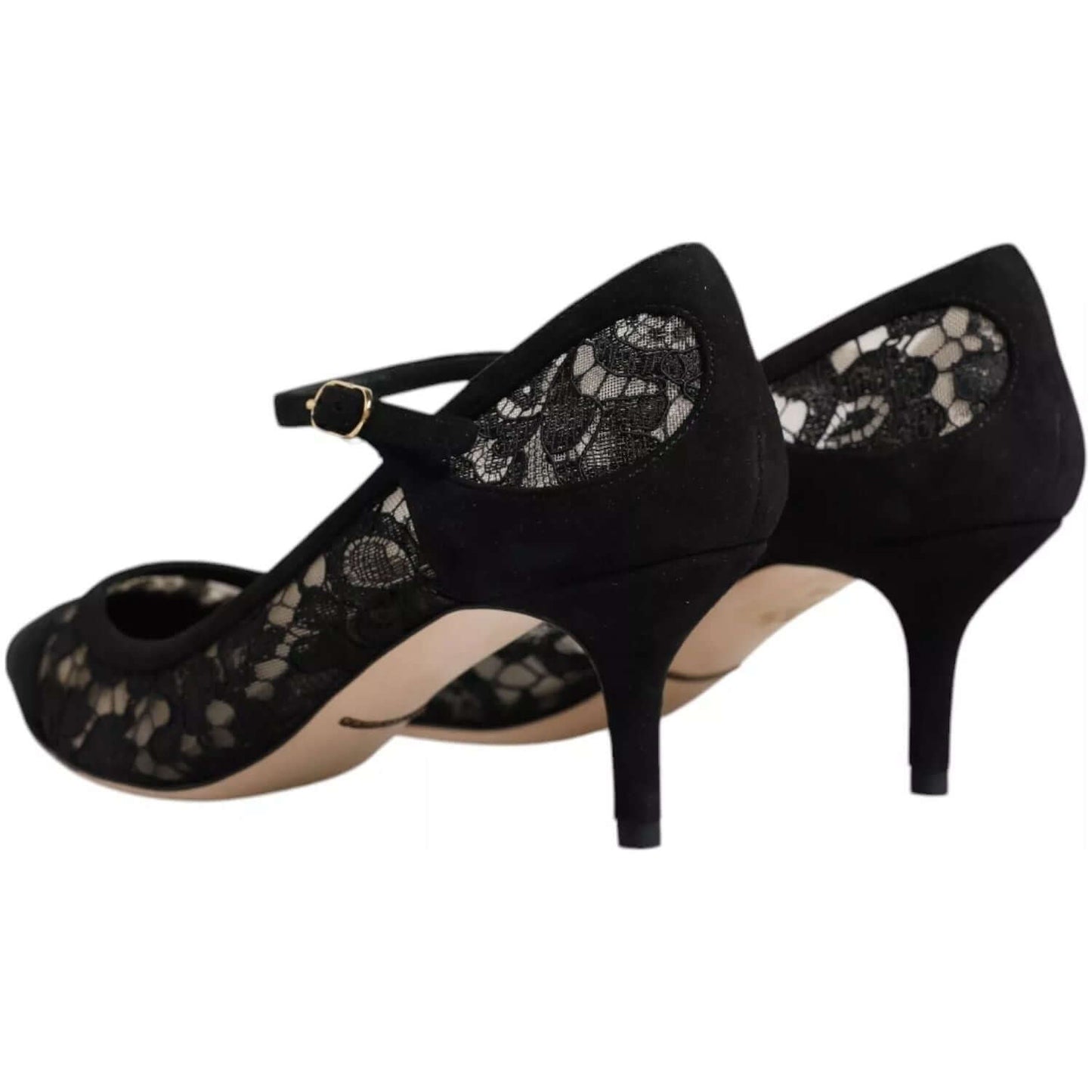 Dolce & Gabbana Mary Jane Taormina lace pumps in black with buckle, crafted in viscose, cotton, goat leather, and nylon. Made in Italy.