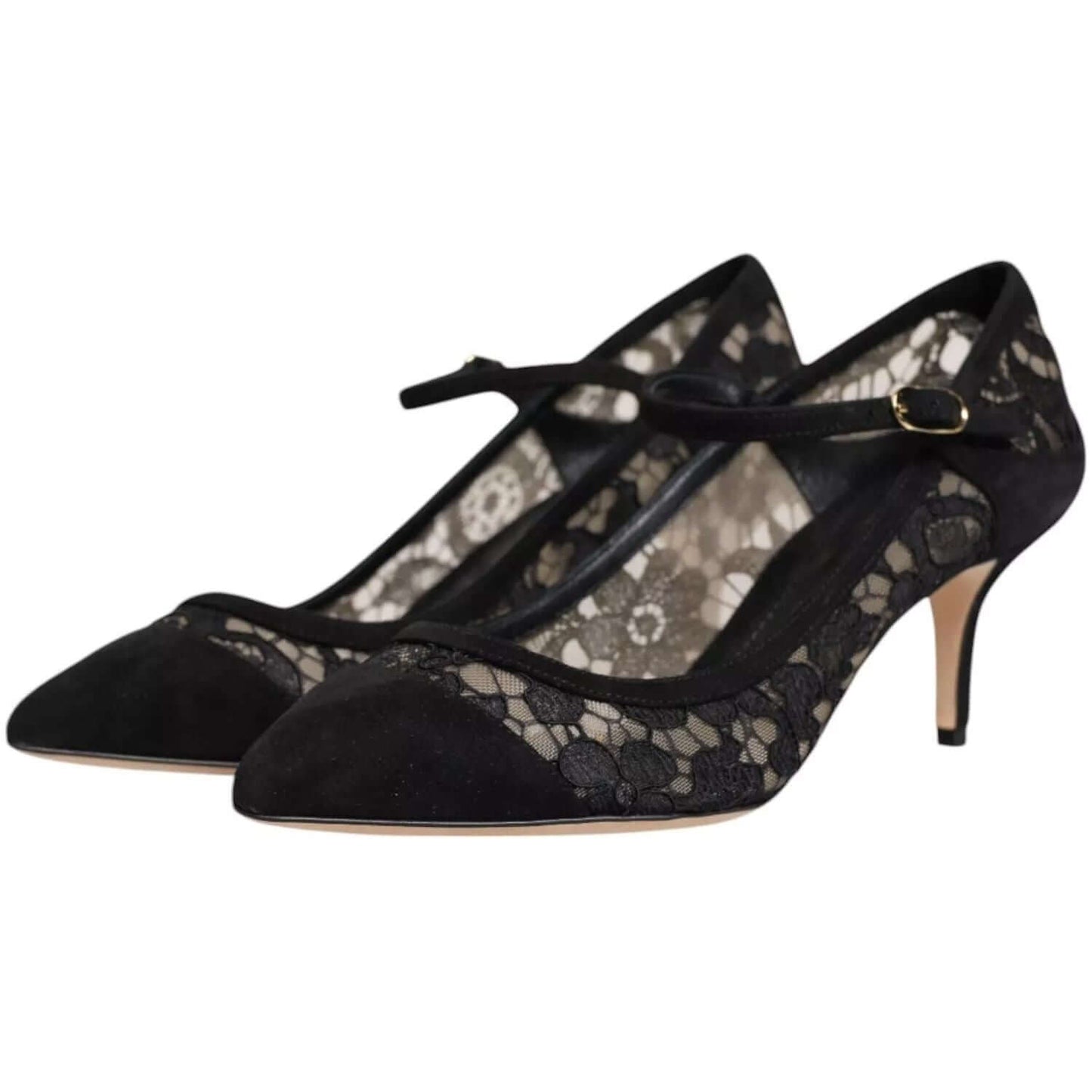 Dolce & Gabbana Black Mary Jane Taormina Lace Pumps with leather sole, elegant high-heeled shoes made in Italy, featuring intricate lace design.