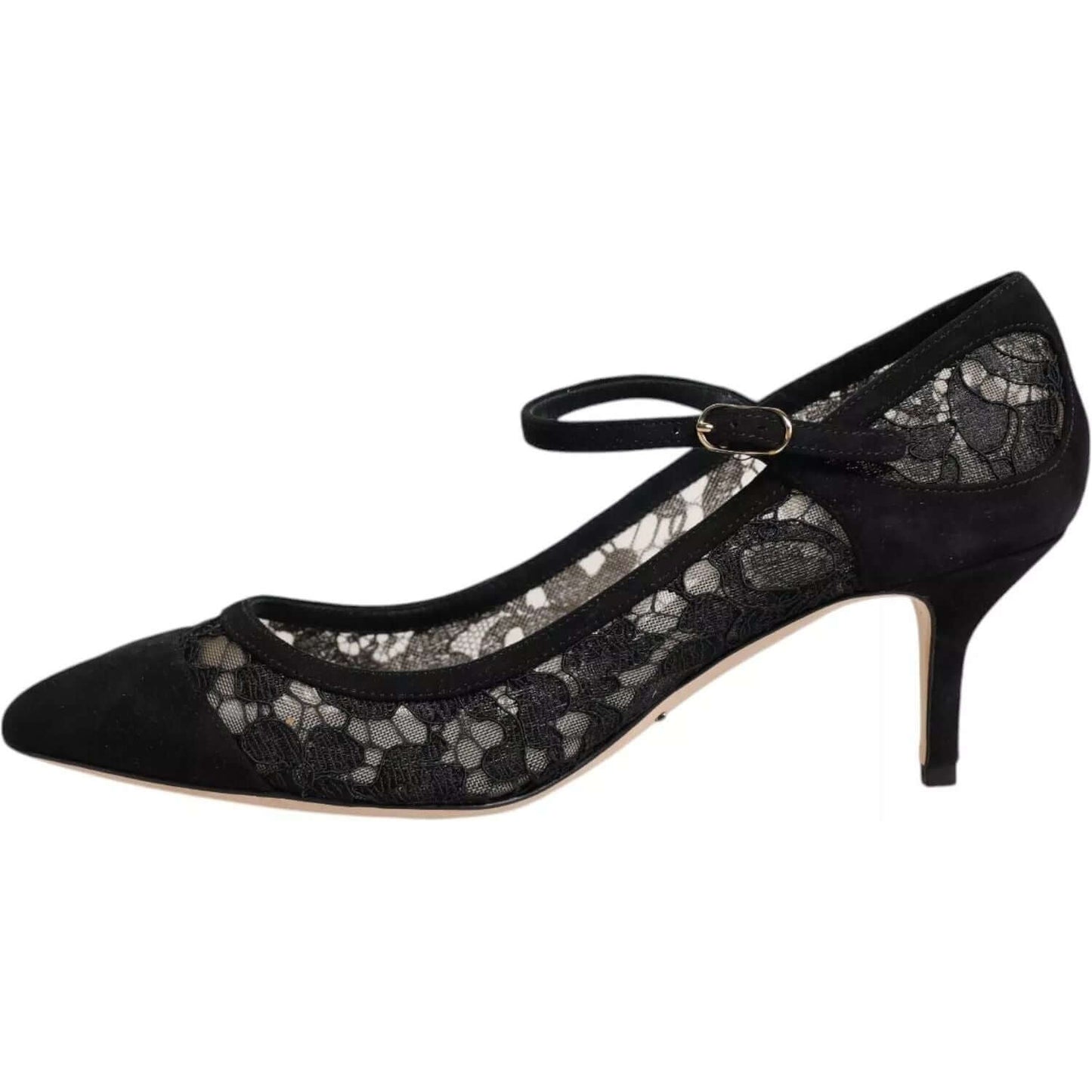 Dolce & Gabbana Black Mary Jane lace pumps with viscose and leather, featuring elegant floral design and exclusive craftsmanship.