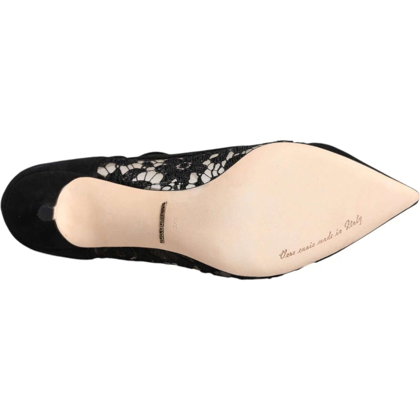 Underside view of Dolce & Gabbana black Mary Jane Taormina lace pumps showcasing leather sole with logo, crafted in Italy.