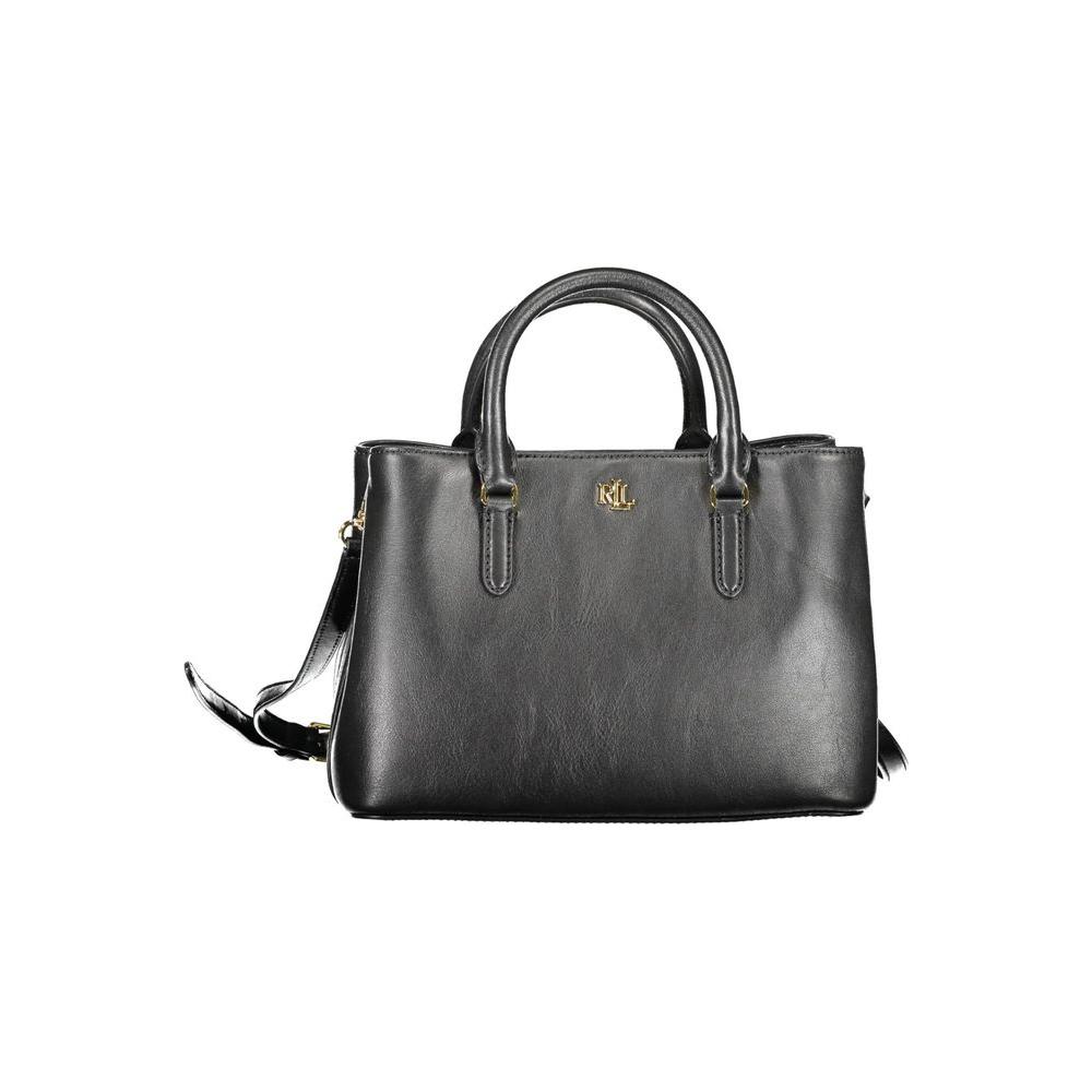 Ralph Lauren black leather handbag with handles, adjustable strap, two compartments, and logo. Features central and inside pockets.