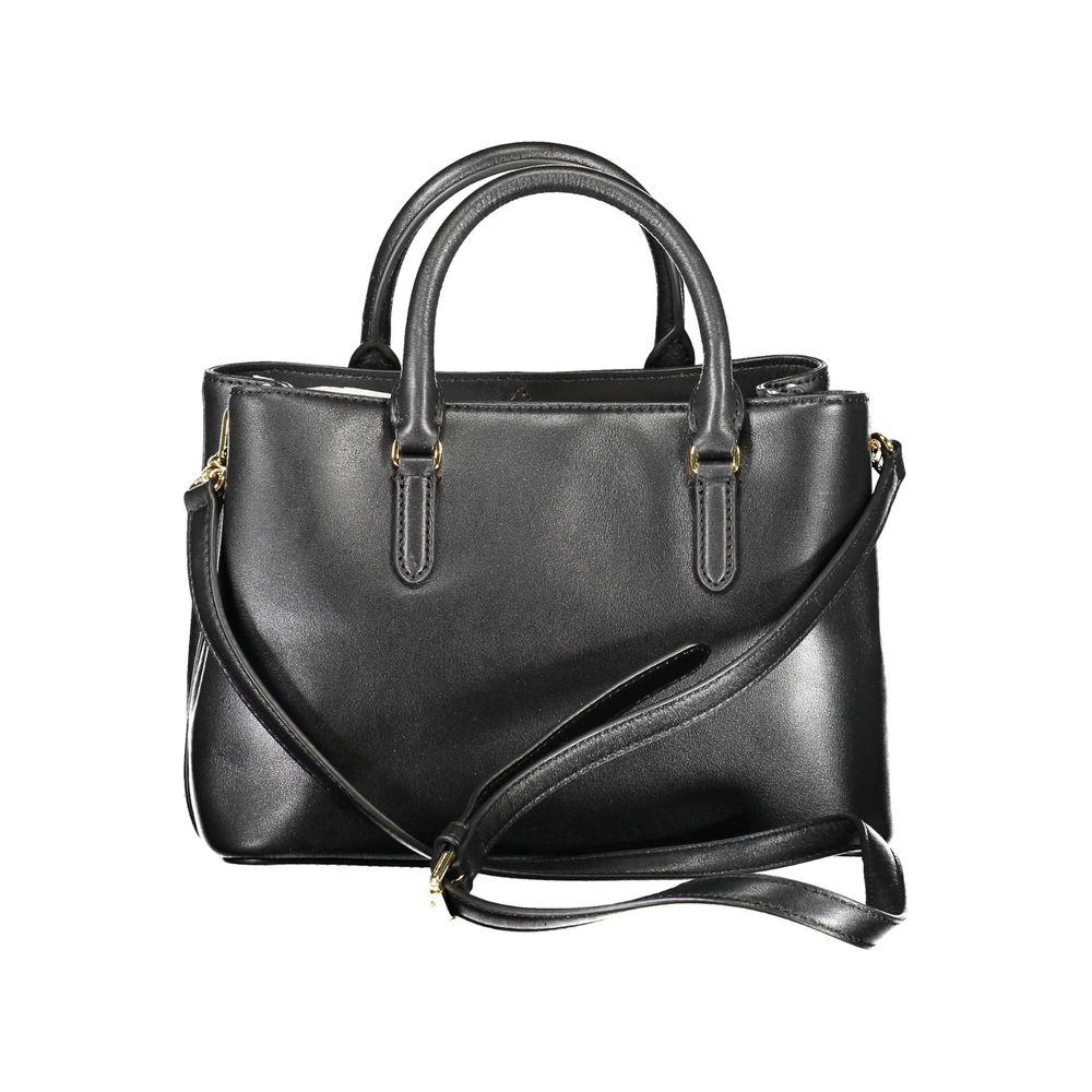 Ralph Lauren black leather handbag with handles, adjustable shoulder strap, multiple compartments, and zipper closure.