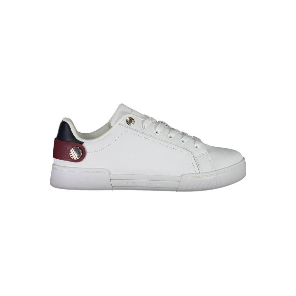 Tommy Hilfiger white women's sneaker with contrasting color details, recycled polyester, and iconic logo for sporty-chic style.