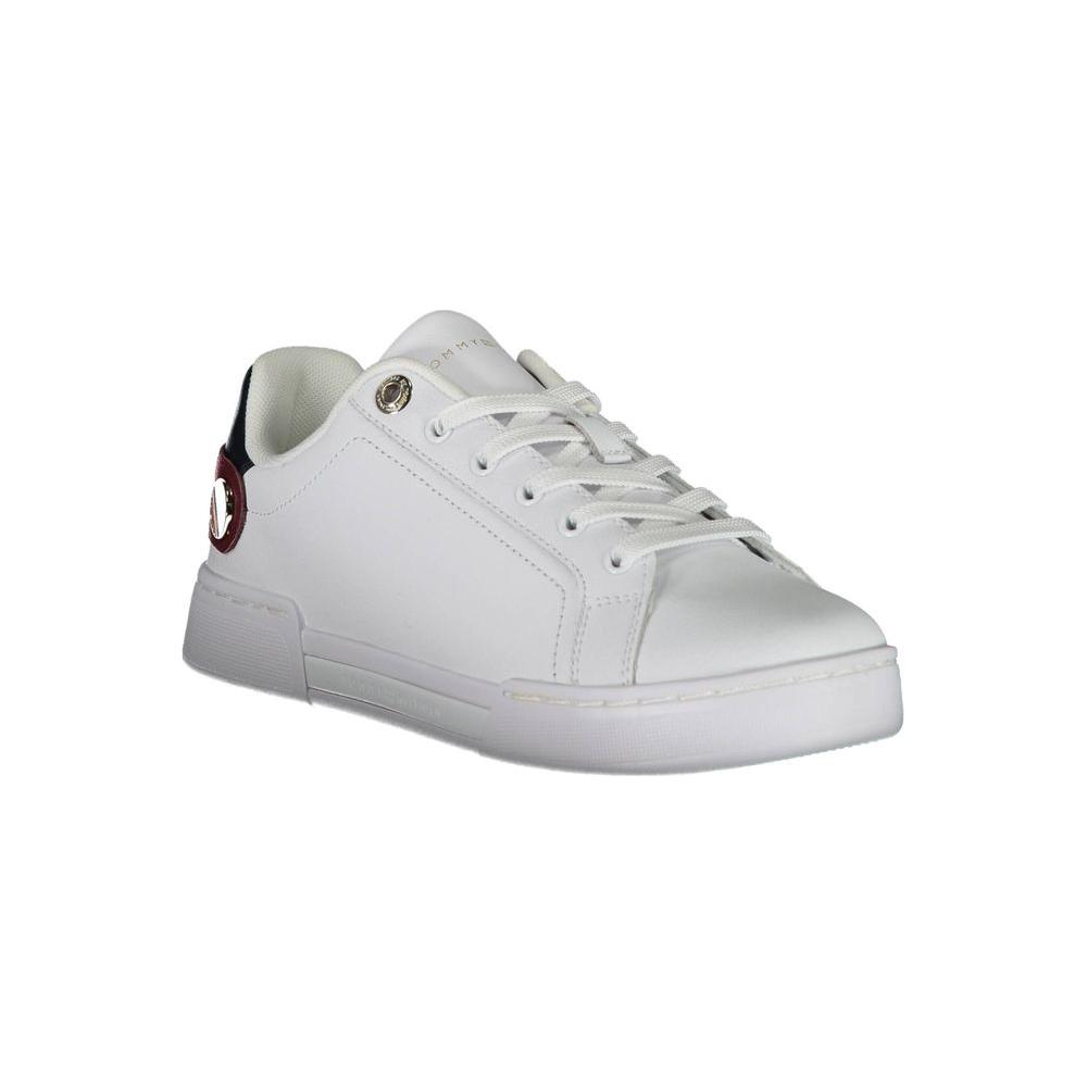 Tommy Hilfiger white polyethylene women's sneaker with colorful accents and iconic logo, made from recycled polyester for a chic look.