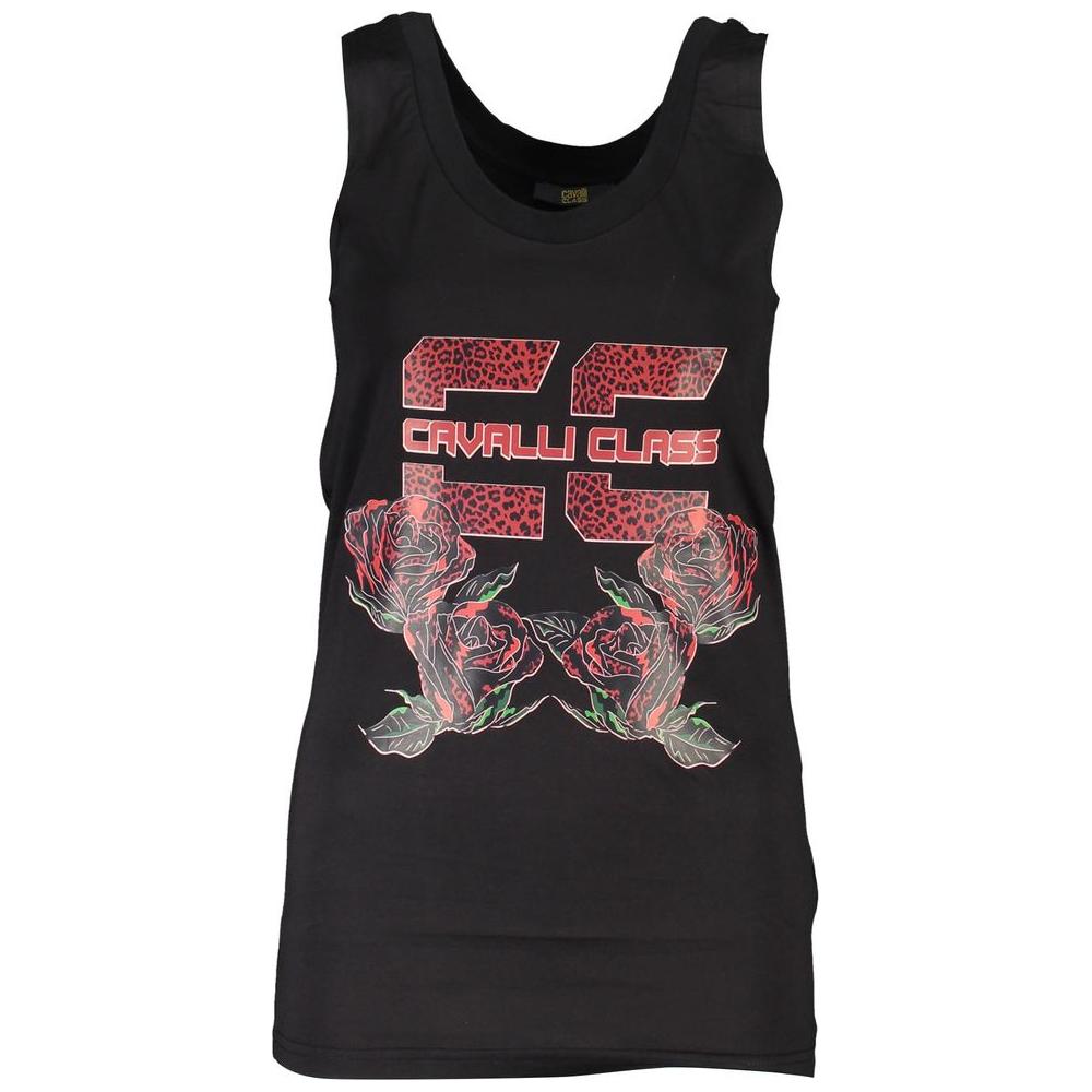 Cavalli Class black cotton tank top with bold print and logo, wide shoulders, and round neckline. Fashion-forward women's statement piece.