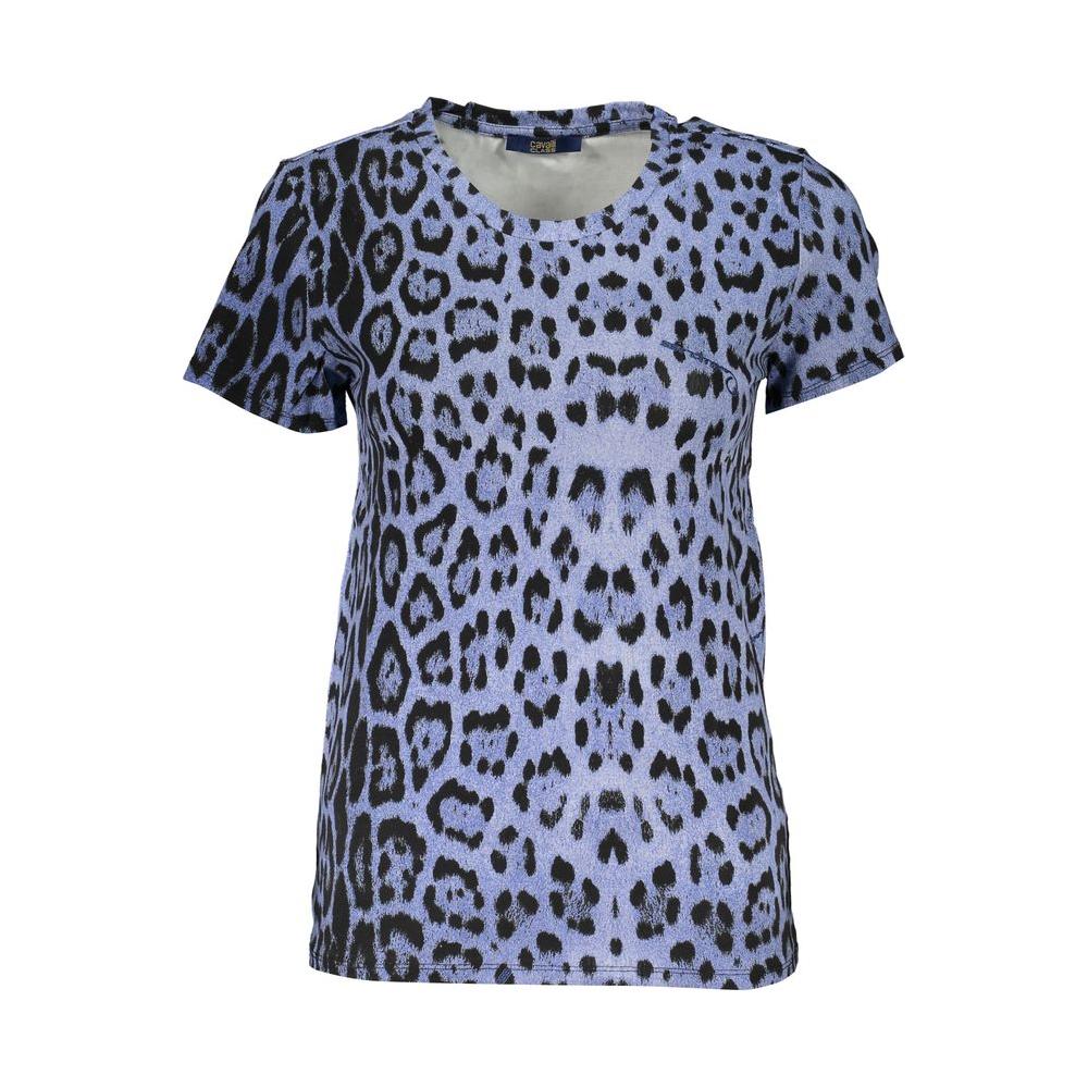 Cavalli Class light blue cotton women's top with bold leopard print pattern and short sleeves, featuring a crew neck and iconic logo.