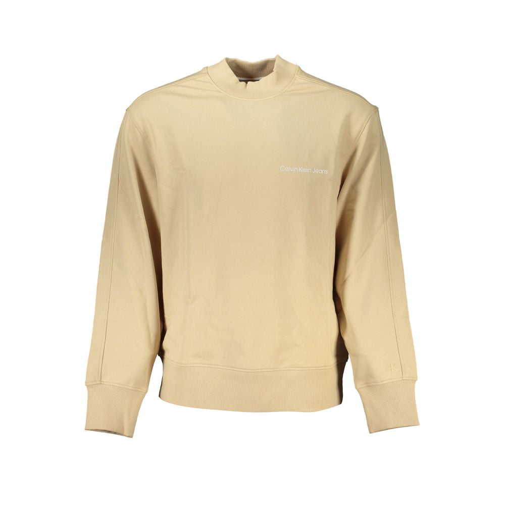 Calvin Klein beige crew neck sweatshirt with logo, made of 100% regenerative cotton, showcasing sustainable fashion in comfort.