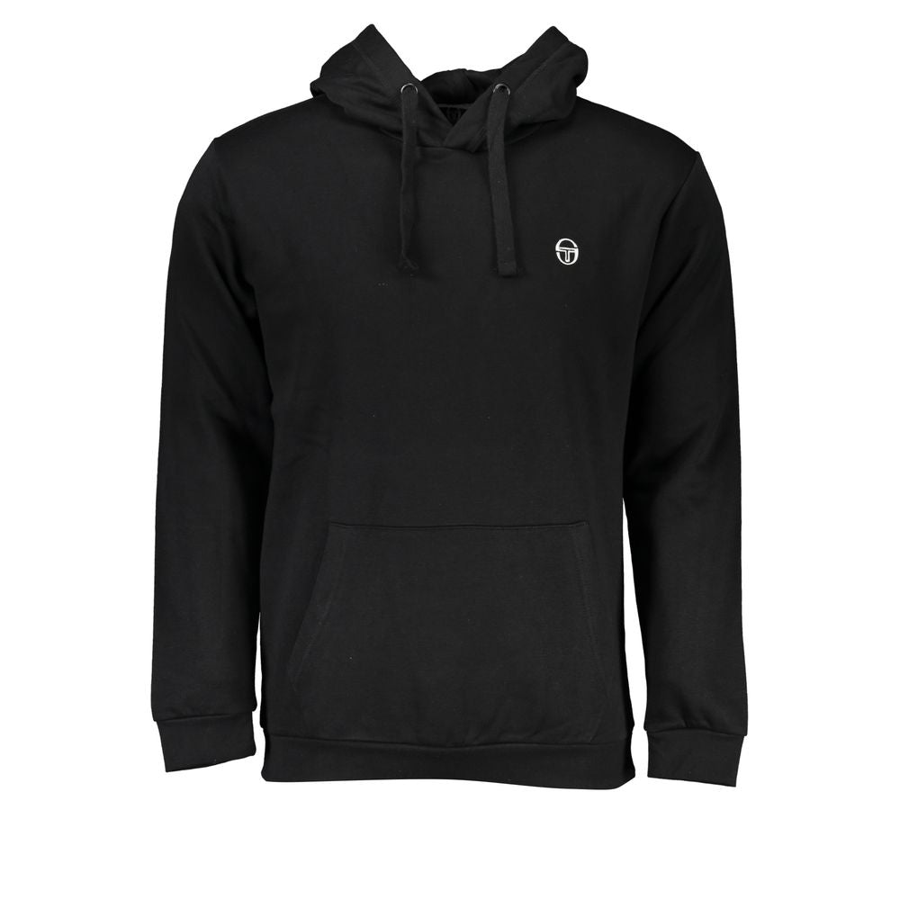 Sergio Tacchini black cotton sweatshirt with hood, long sleeves, central pocket, and embroidered logo detail.
