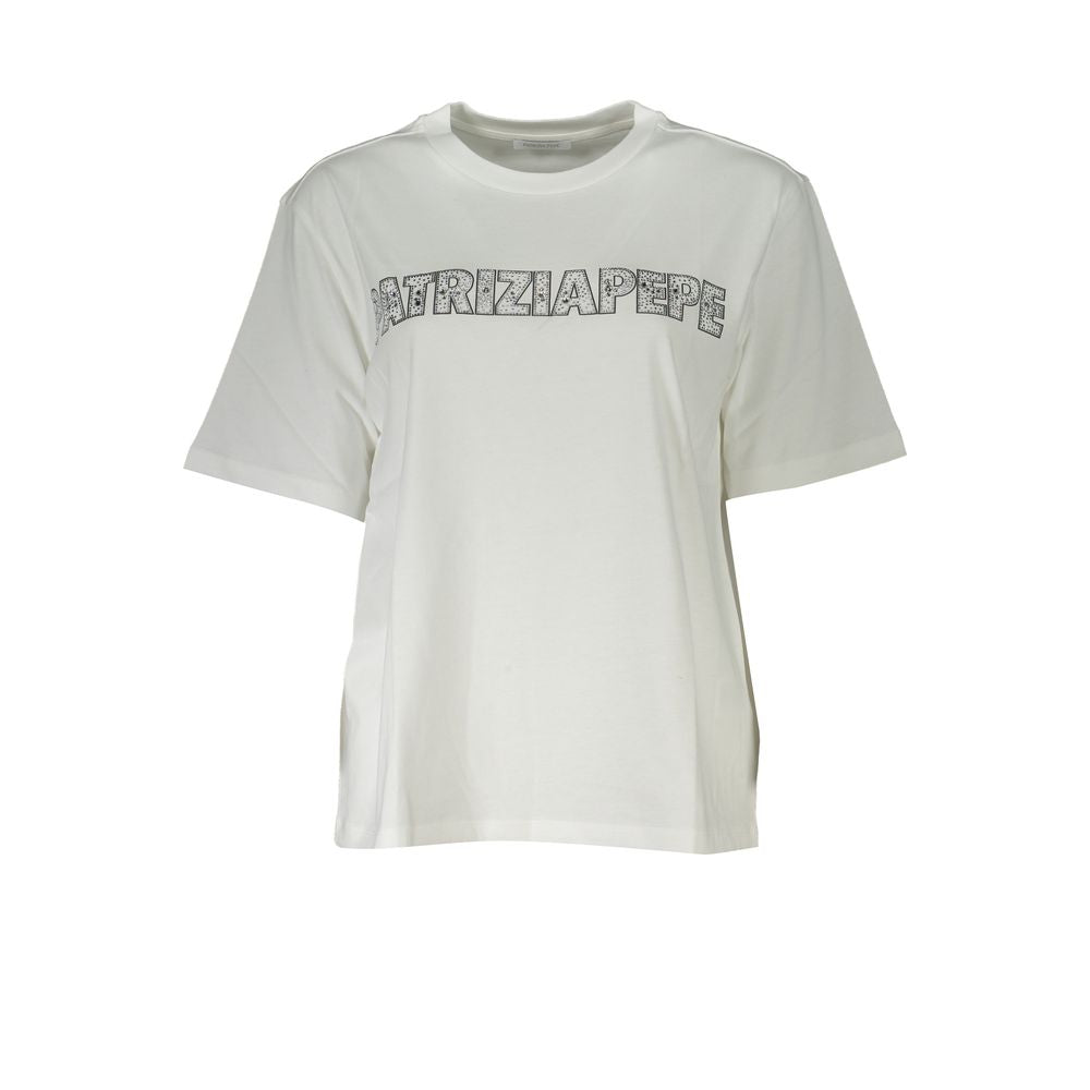 Patrizia Pepe white short sleeve T-shirt with rhinestone logo, crew neck, elegant design, made from organic cotton.