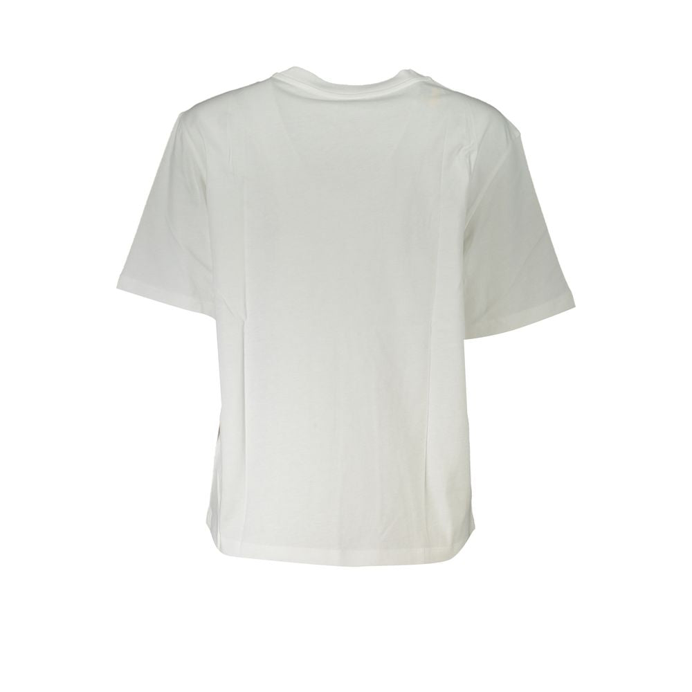 Back view of Patrizia Pepe white short sleeve crew neck T-shirt with rhinestone detail, crafted from organic cotton