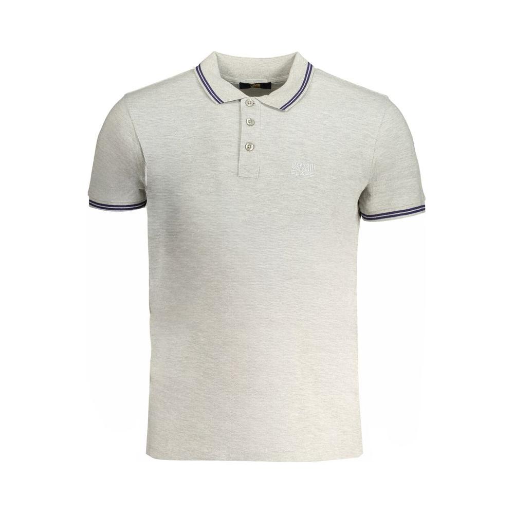 Cavalli Class Gray Cotton Men's Polo Shirt with three-button placket, contrast details, and logo embroidery for sophisticated style.