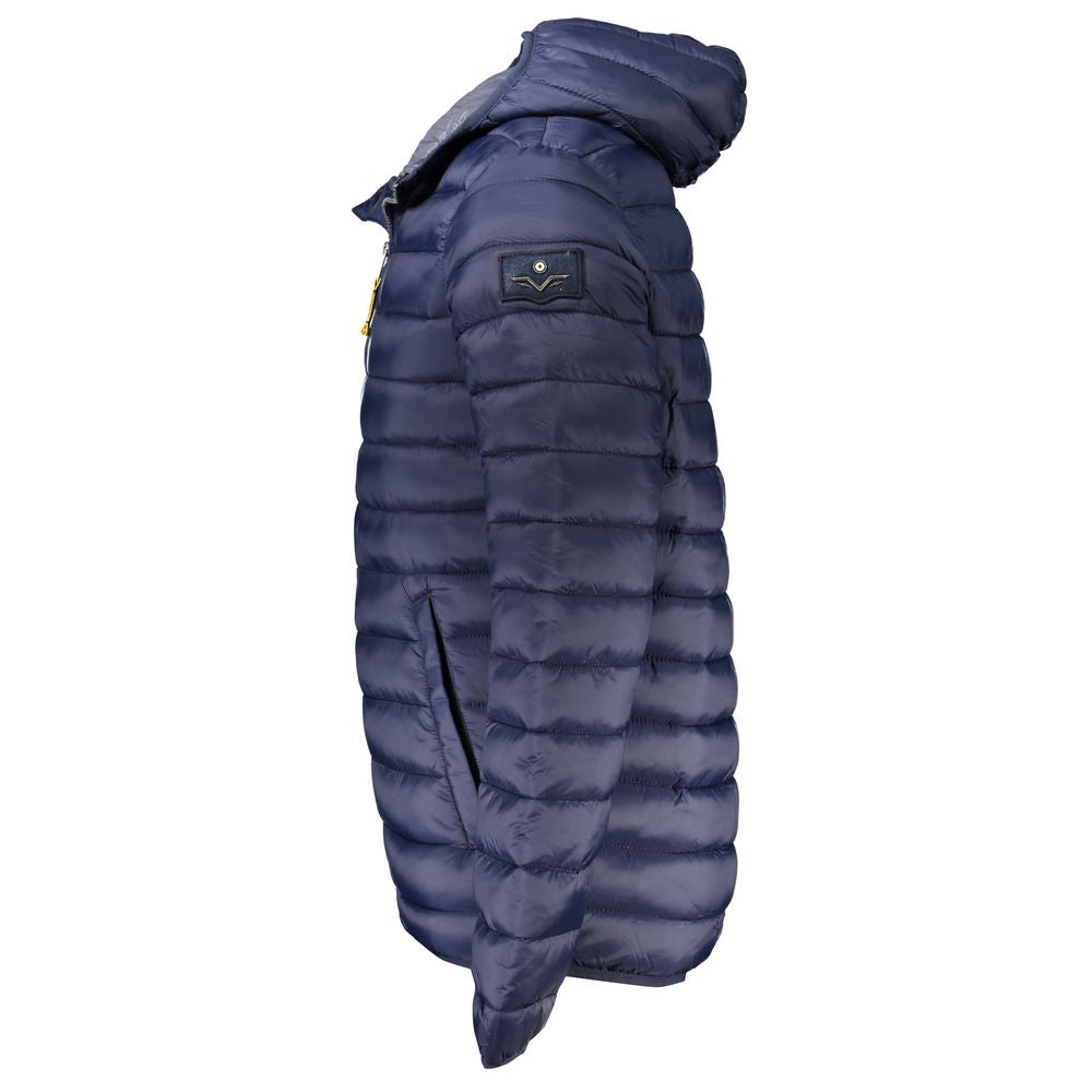Armata Di Mare blue men's jacket, polyamide, hooded with pockets, showcasing logo on sleeve, side view.