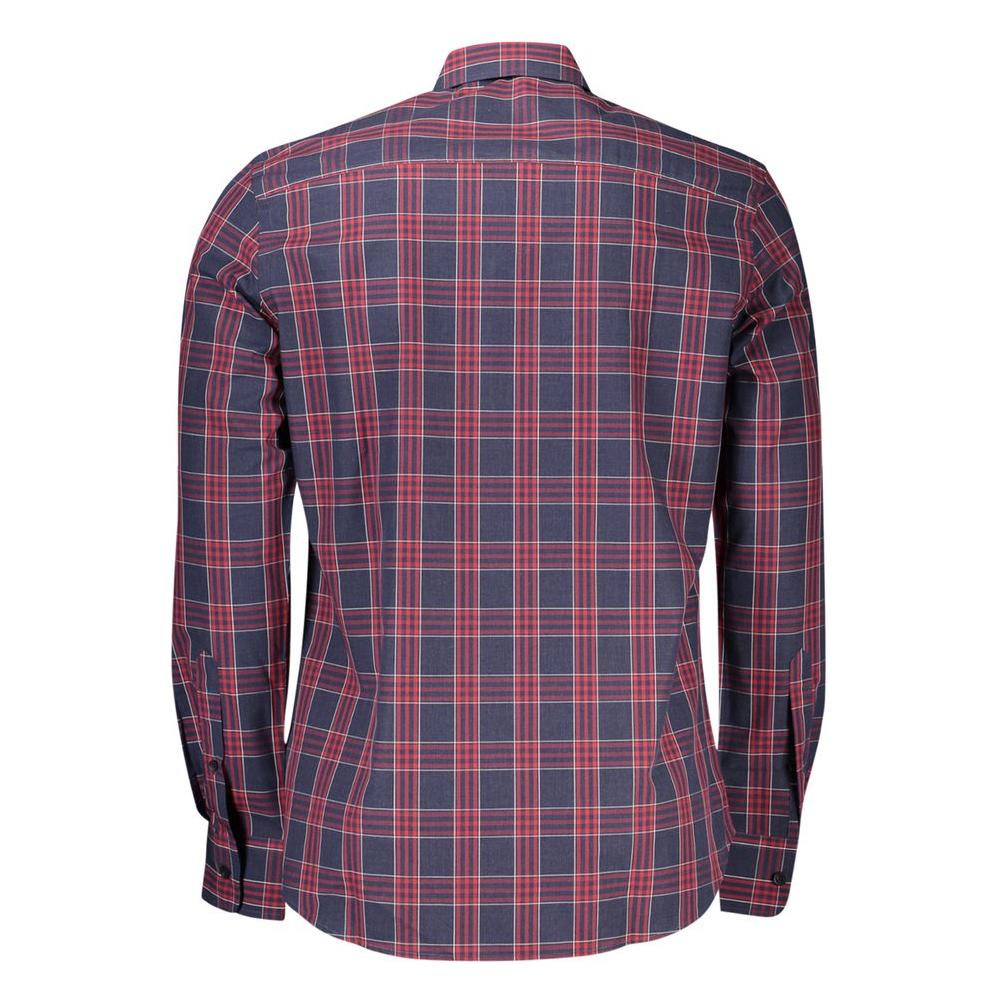 Back view of North Sails blue tartan cotton men’s shirt, featuring long sleeves and a French collar.