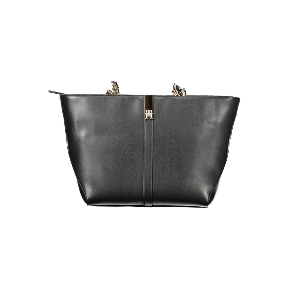 Tommy Hilfiger black polyethylene women's handbag with two handles and zip closure, featuring a bold and streamlined design.