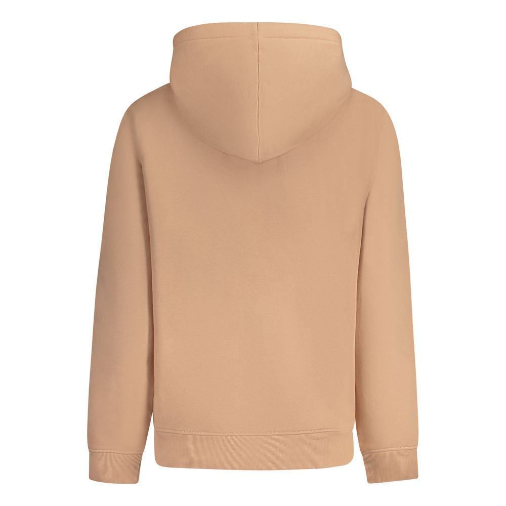 Back view of a beige hoodie featuring a hood and long sleeves, showcasing a simple yet elegant design for casual wear.
