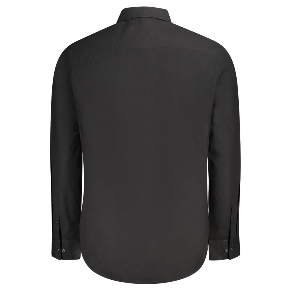 Back view of Calvin Klein long sleeve black cotton shirt with Italian collar and logo embroidery.