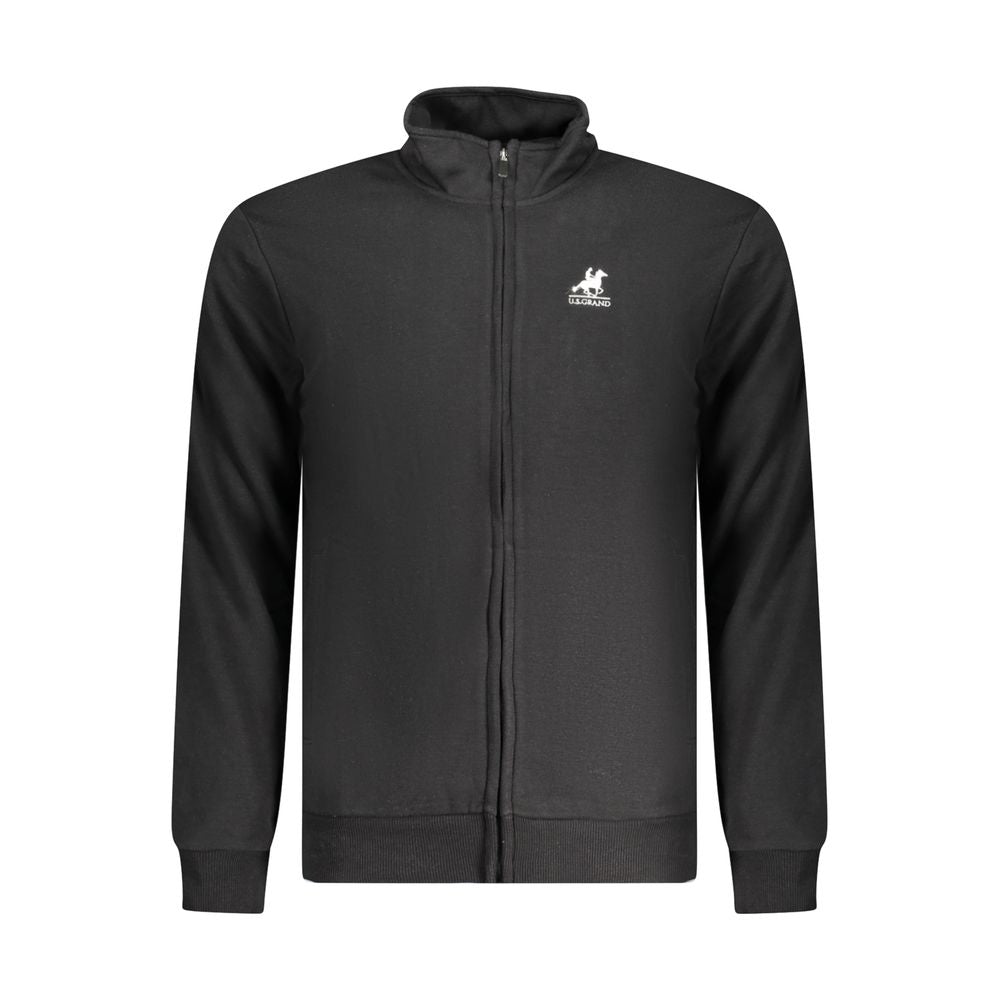 U.S. Grand Polo black cotton sweater with long sleeves, zip front, two pockets, and embroidered logo on chest.