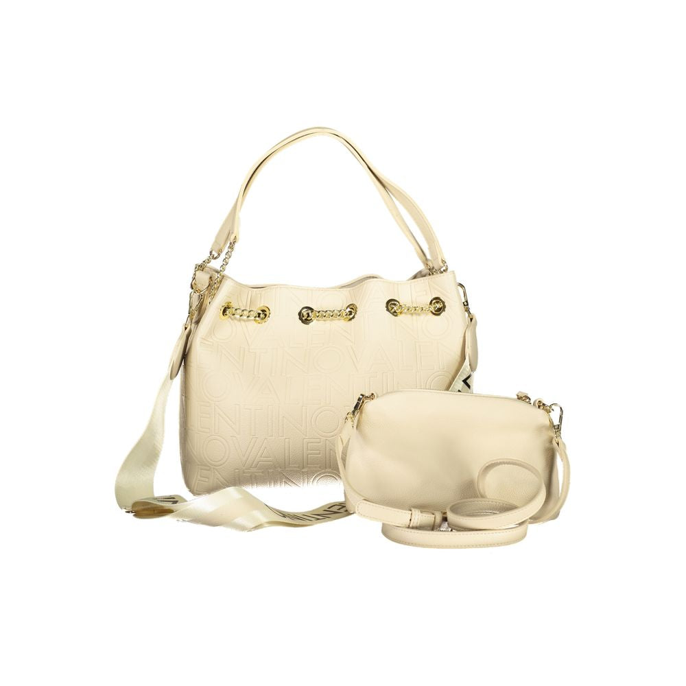 Valentino beige handbag with adjustable removable shoulder straps, contrasting details, protective feet, and snap closure.