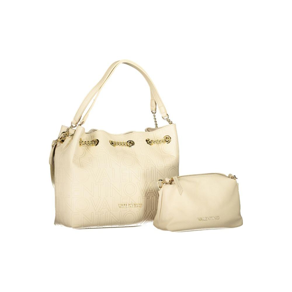 Valentino beige handbag set with dual handles, adjustable straps, snap closure, logo detail, and protective feet.