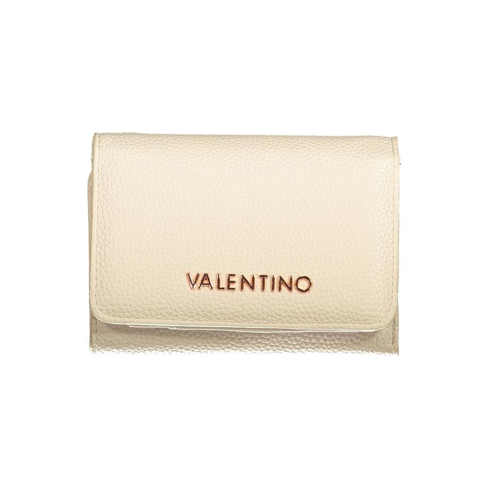 Valentino beige polyethylene wallet with logo, featuring 3 compartments, card spaces, coin purse, zip, and automatic closure.