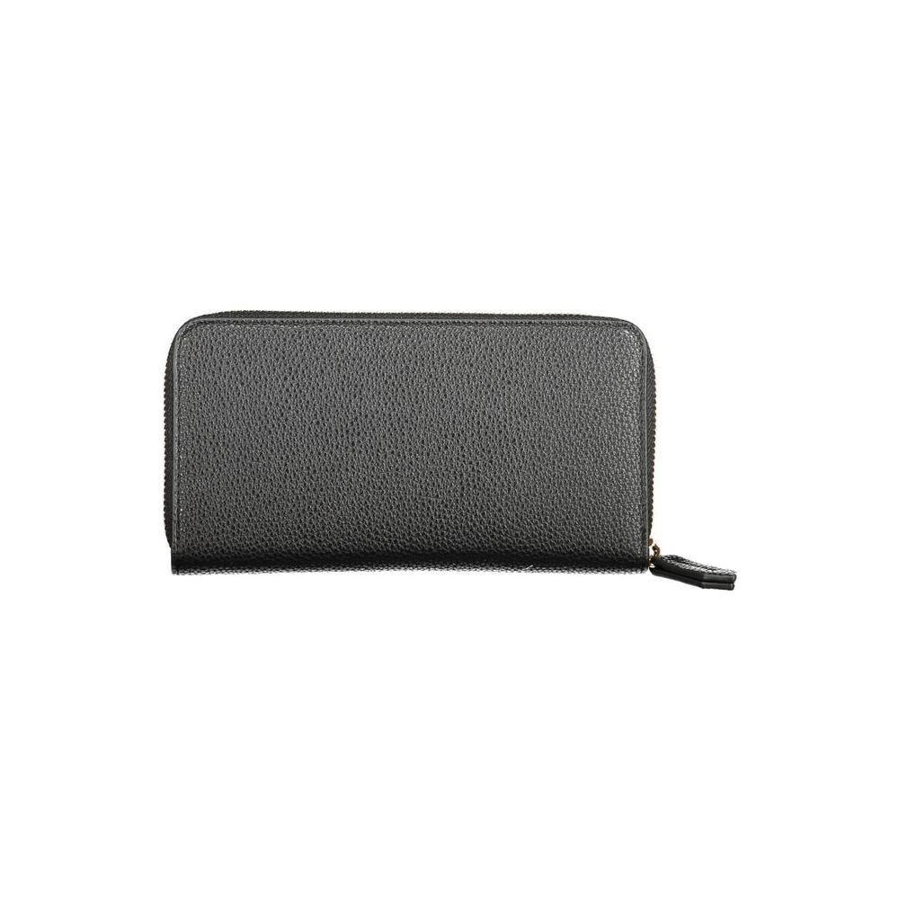Valentino black polyethylene wallet with zip closure, featuring 6 compartments, coin purse, and double card spaces, eco-friendly design.