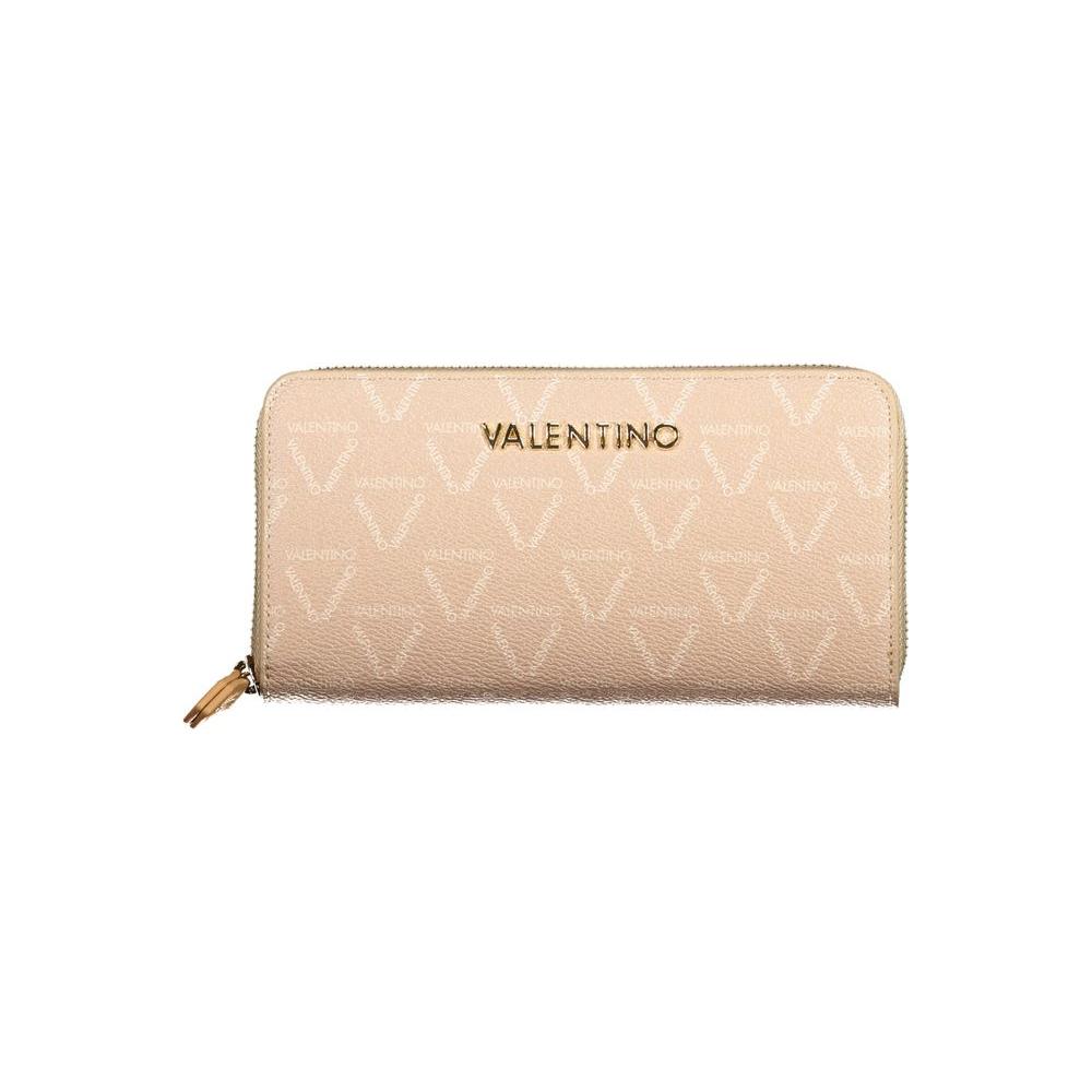 Valentino Bags beige polyethylene wallet with 3 compartments, coin purse, card spaces, contrasting details, and zip closure.