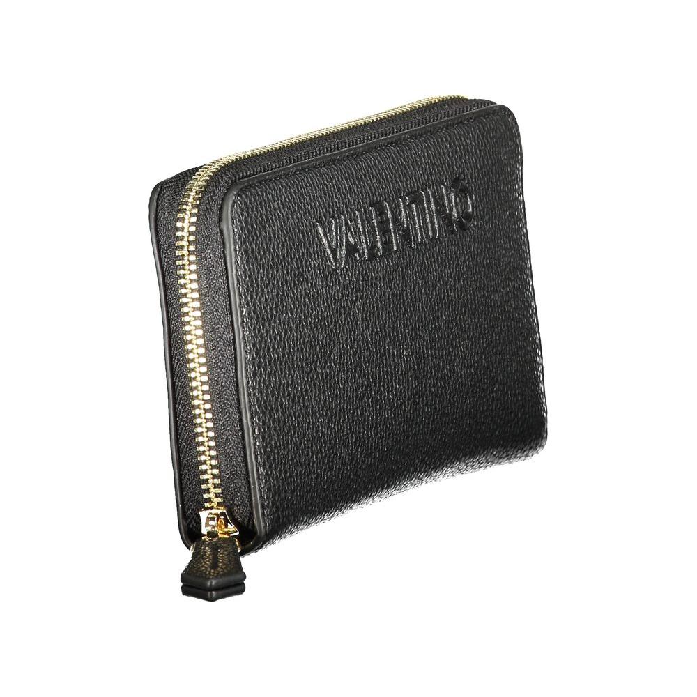 Valentino Bags black recycled polyethylene wallet with six compartments, coin purse, card slots, zip closure, and logo detail.