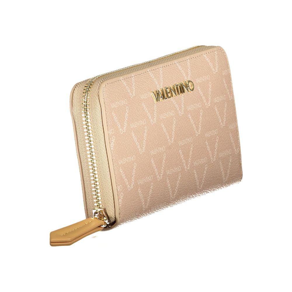 Valentino Bags beige polyethylene wallet with zipper closure, three compartments, coin purse, card spaces, and logo detailing.