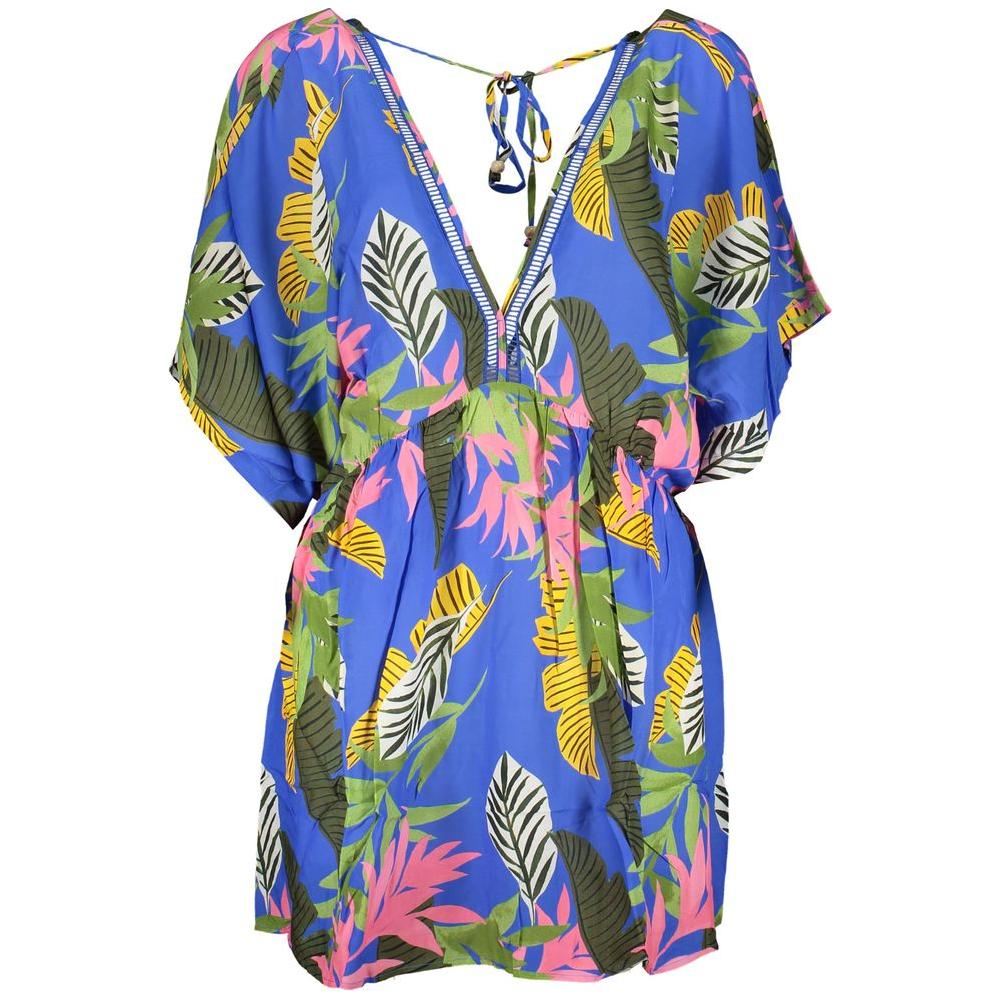 Desigual blue viscose dress with short sleeves, V-neck, contrast details and tropical pattern; perfect for summer style.