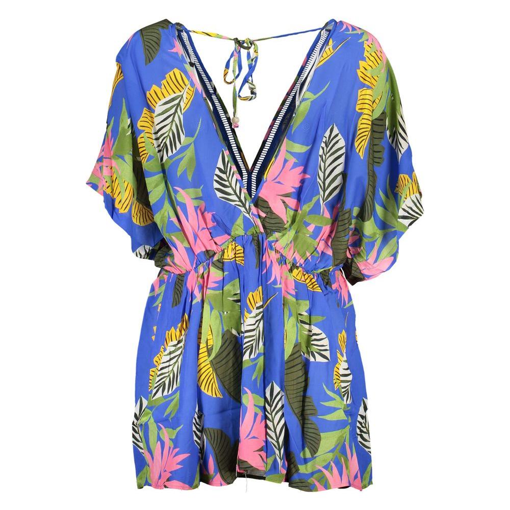 Desigual blue viscose dress with short sleeves, V-neck, contrast details, and floral pattern.