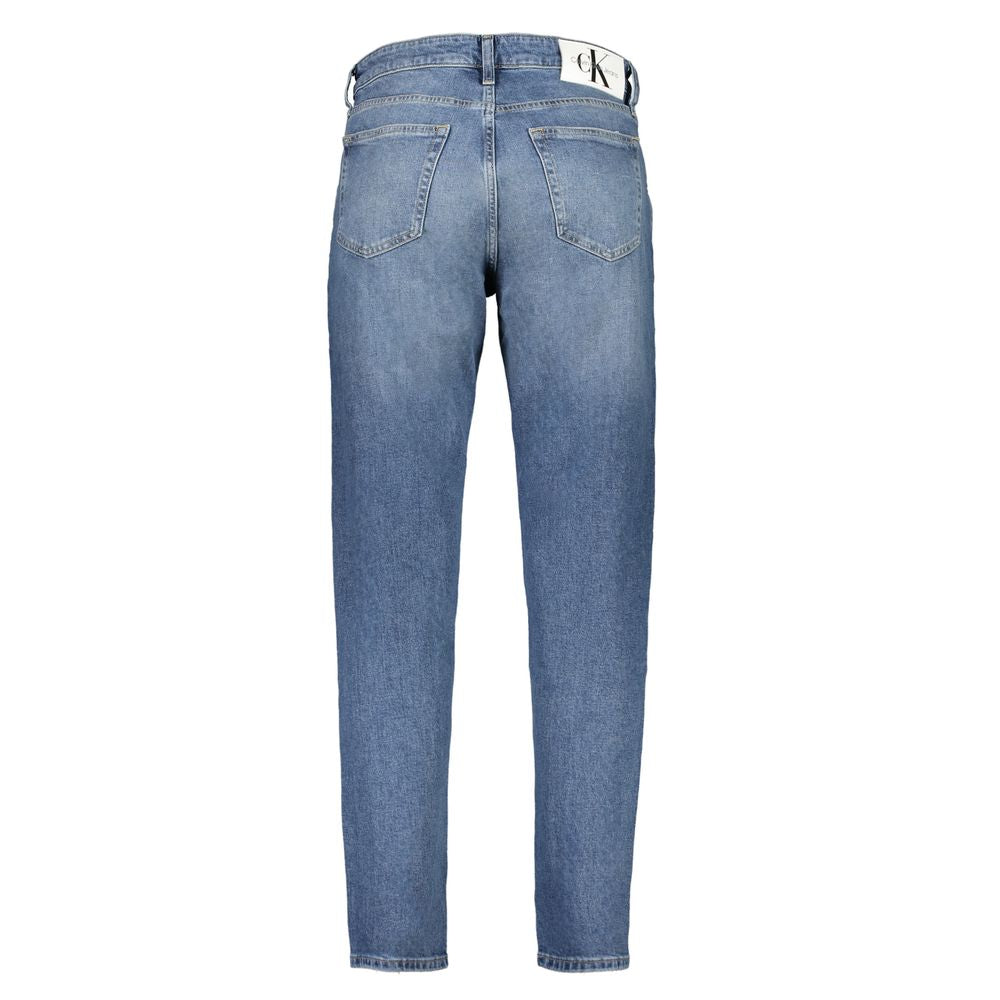 Calvin Klein blue regular taper jeans with washed effect, featuring 5 pockets and a logo, made with 20% recycled cotton.