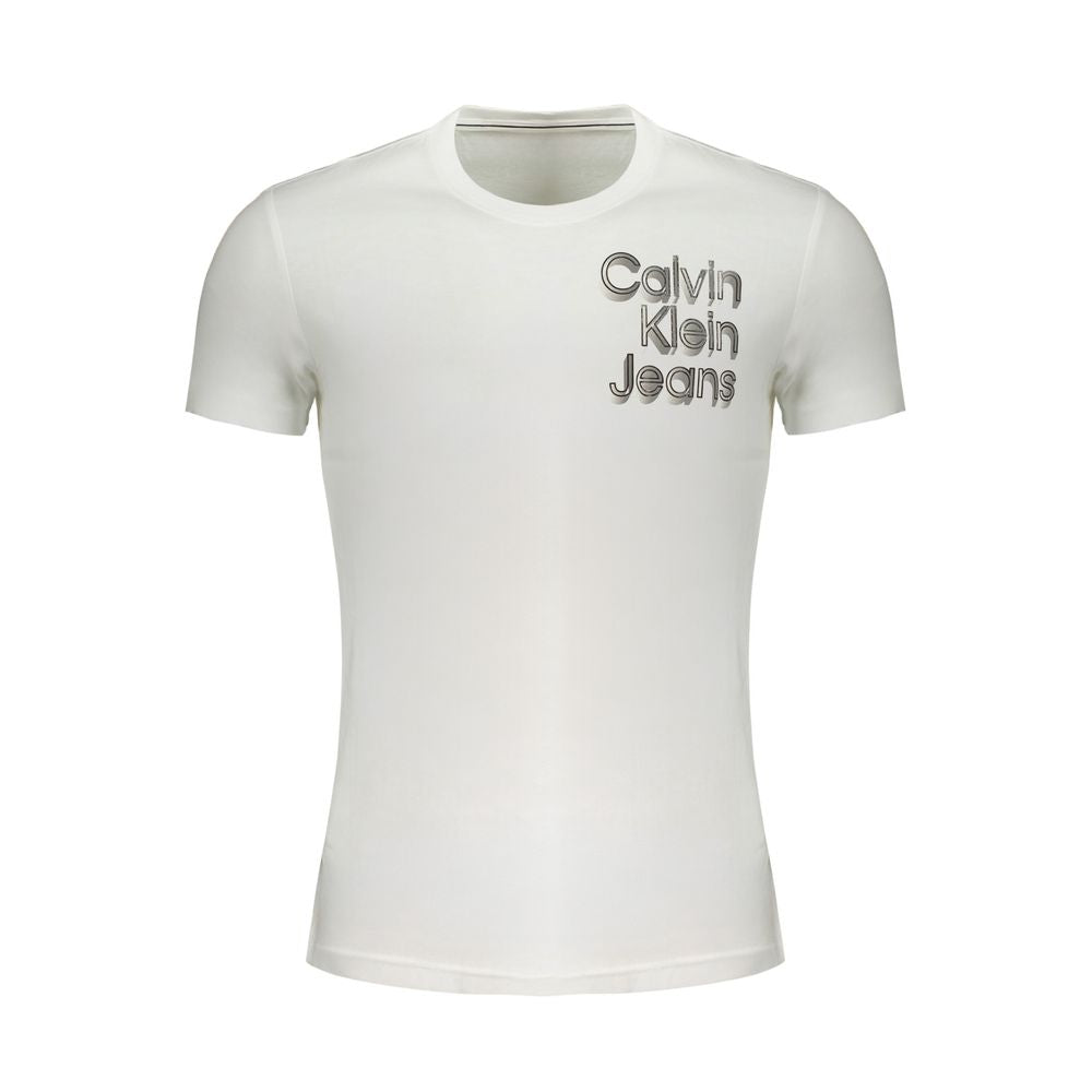 Calvin Klein white cotton t-shirt with logo print, crew neck, and short sleeves made of 95% regenerative cotton.