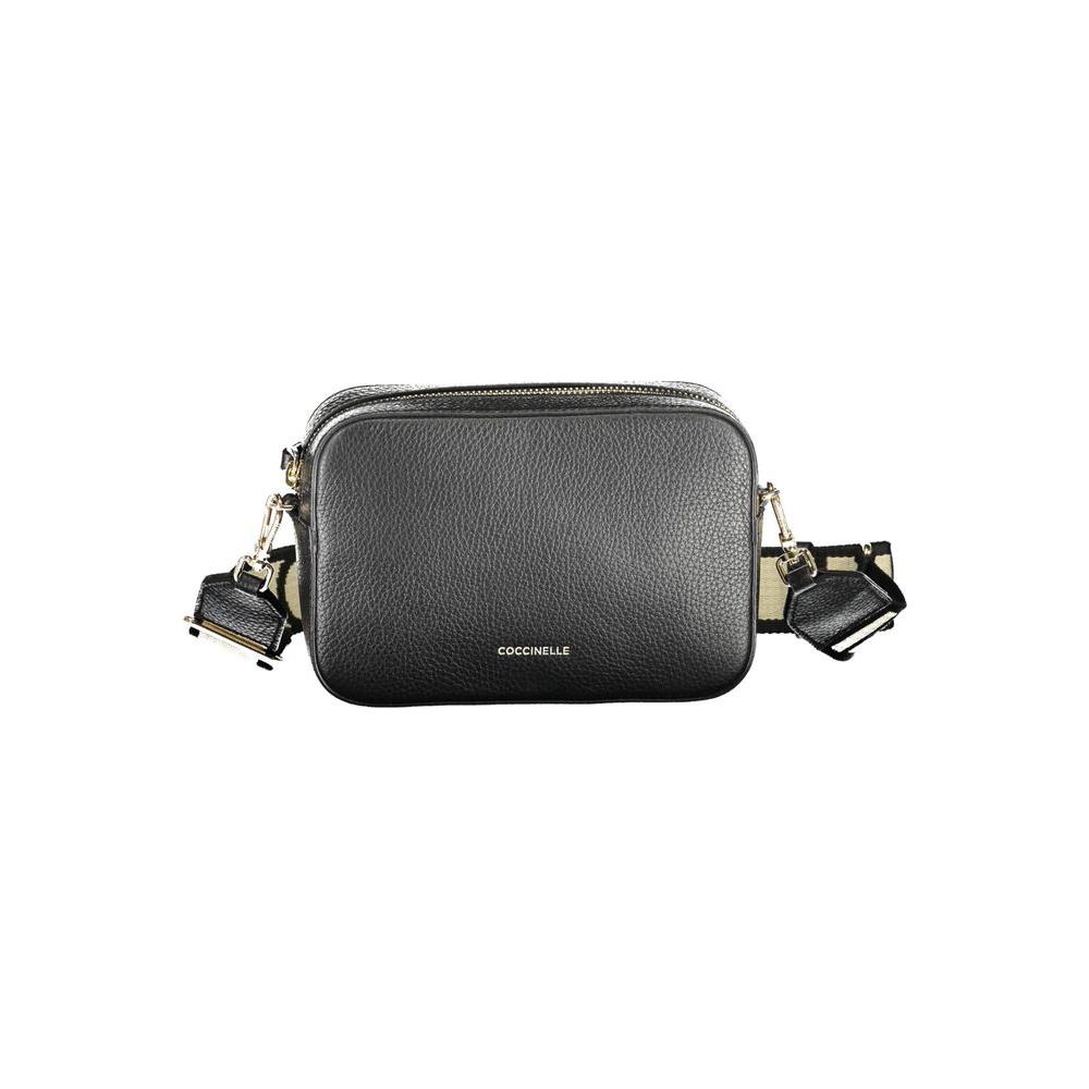 Coccinelle black leather handbag with adjustable strap, zip closure, and logo, featuring contrasting details.
