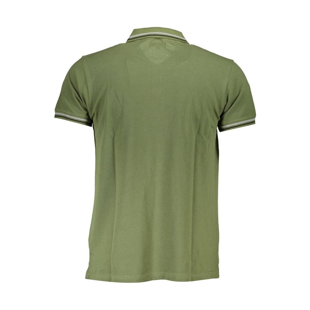 Cavalli Class green cotton polo shirt with short sleeves, 3 buttons, embroidery, contrasting details, and logo, back view.
