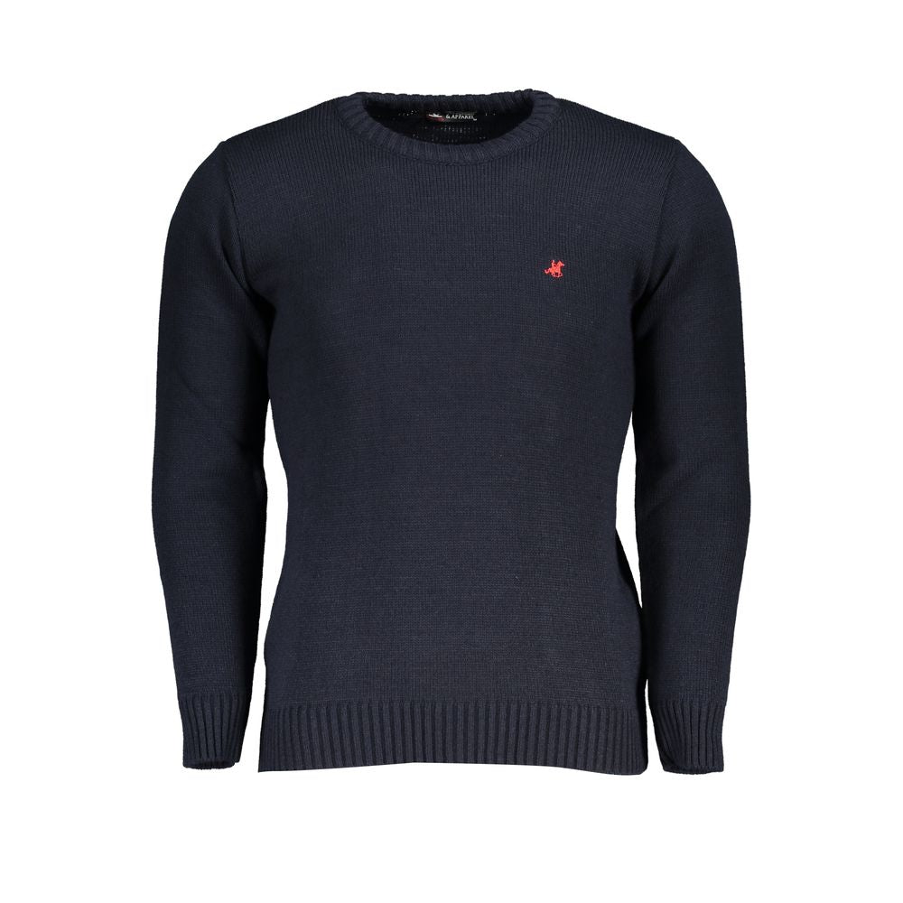 U.S. Grand Polo blue acrylic sweater featuring long sleeves, crew neck, and embroidered logo.