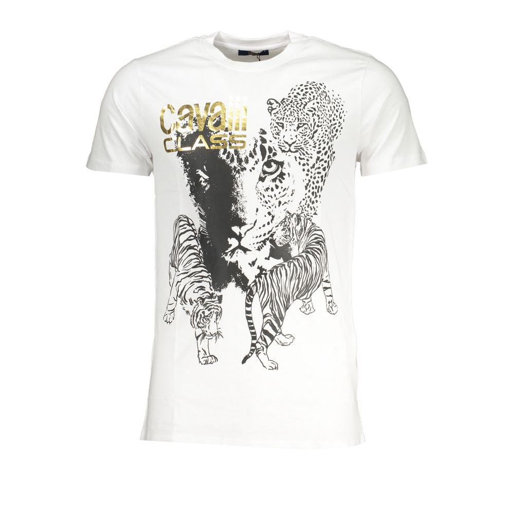 Cavalli Class white cotton t-shirt with short sleeves and crew neck, featuring a printed logo and animal design on the front.