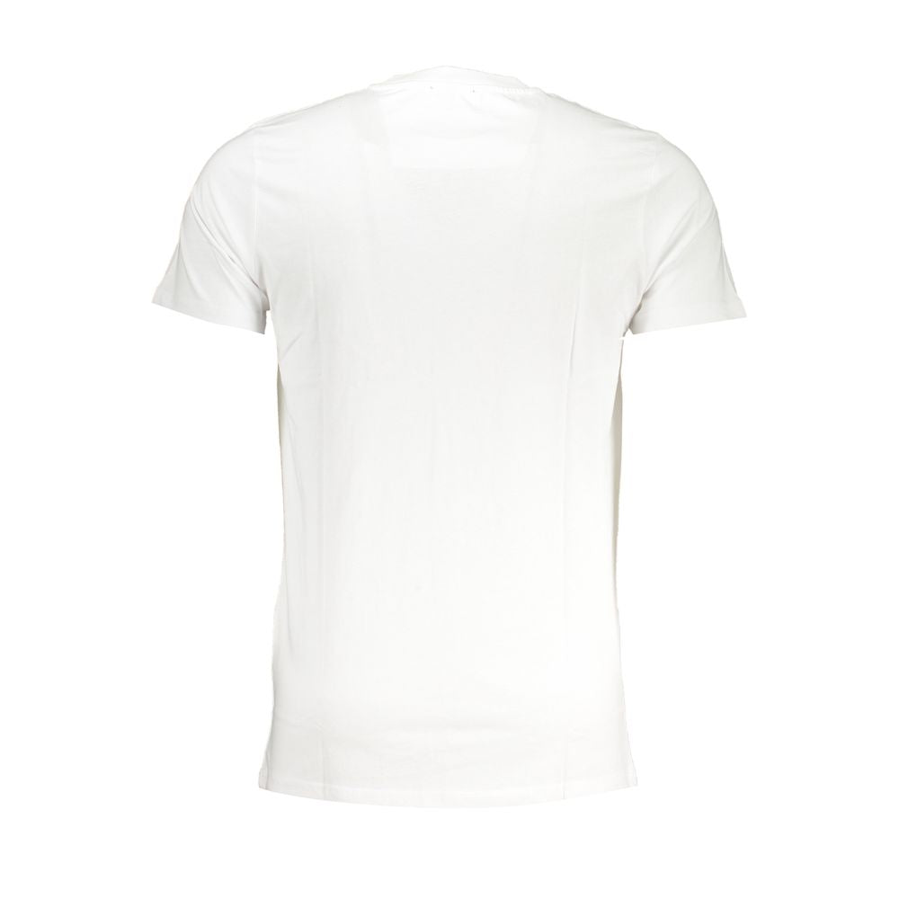 Back view of a Cavalli Class white cotton t-shirt featuring short sleeves and crew neck, showcasing minimal design and logo print.