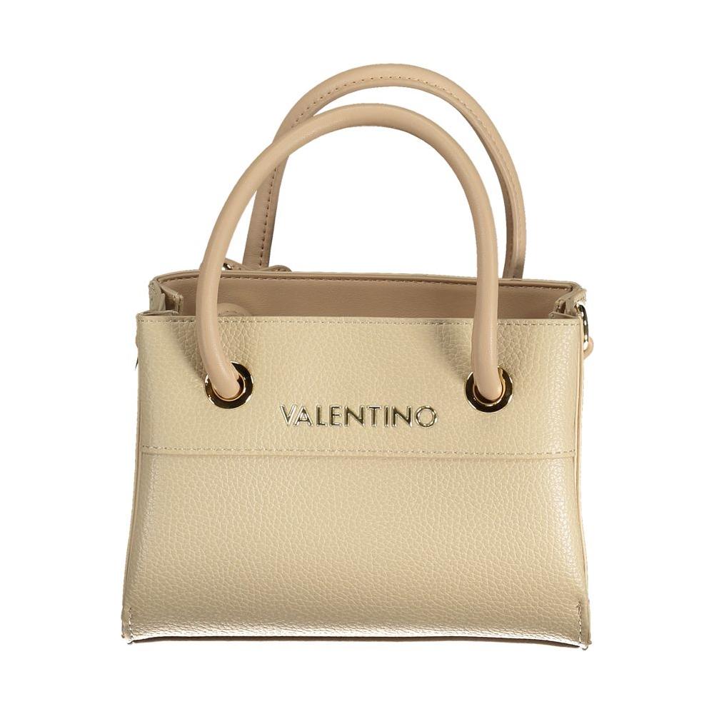 Valentino Bags beige polyethylene handbag with two handles and logo, featuring removable shoulder strap and multiple compartments.