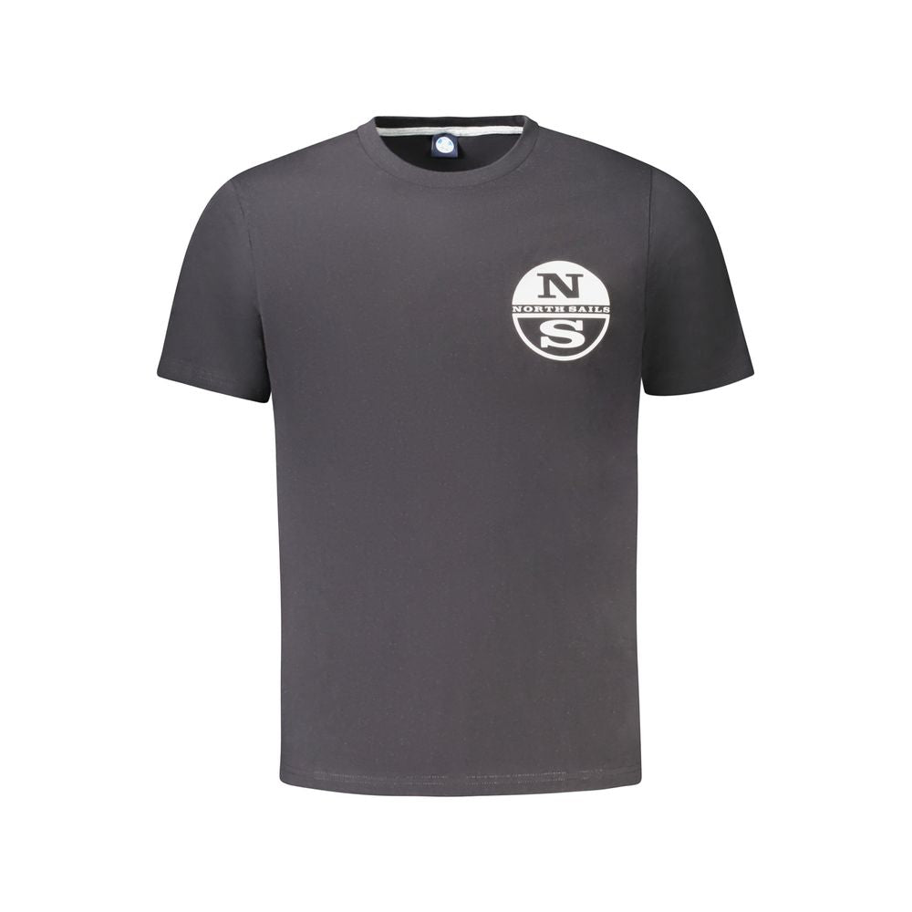 North Sails black cotton men’s T-shirt with short sleeves, bold chest print, and logo. Crew neck design for casual wear style.