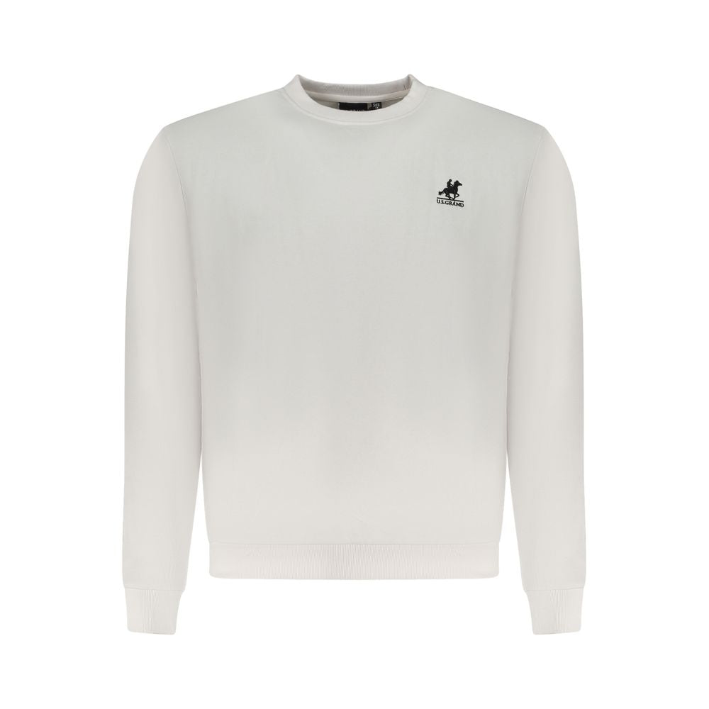 U.S. Grand Polo white cotton sweater with crew neck, long sleeves, and embroidered logo on chest.