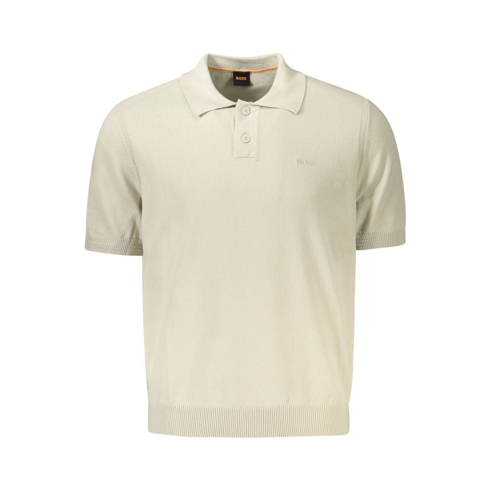 Hugo Boss beige cotton short-sleeved sweater with two buttons and embroidery logo, perfect for casual or formal occasions.