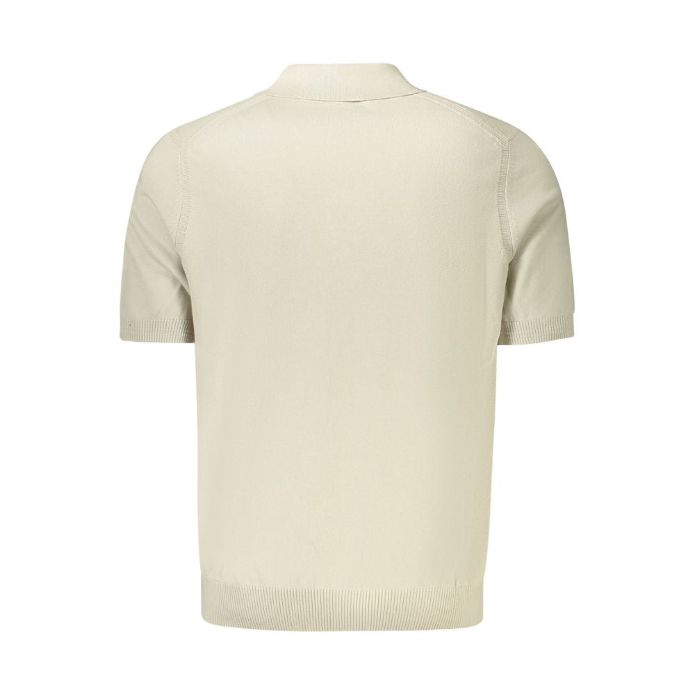 Hugo Boss beige cotton short-sleeve sweater with two buttons, featuring embroidery and logo detail, back view.