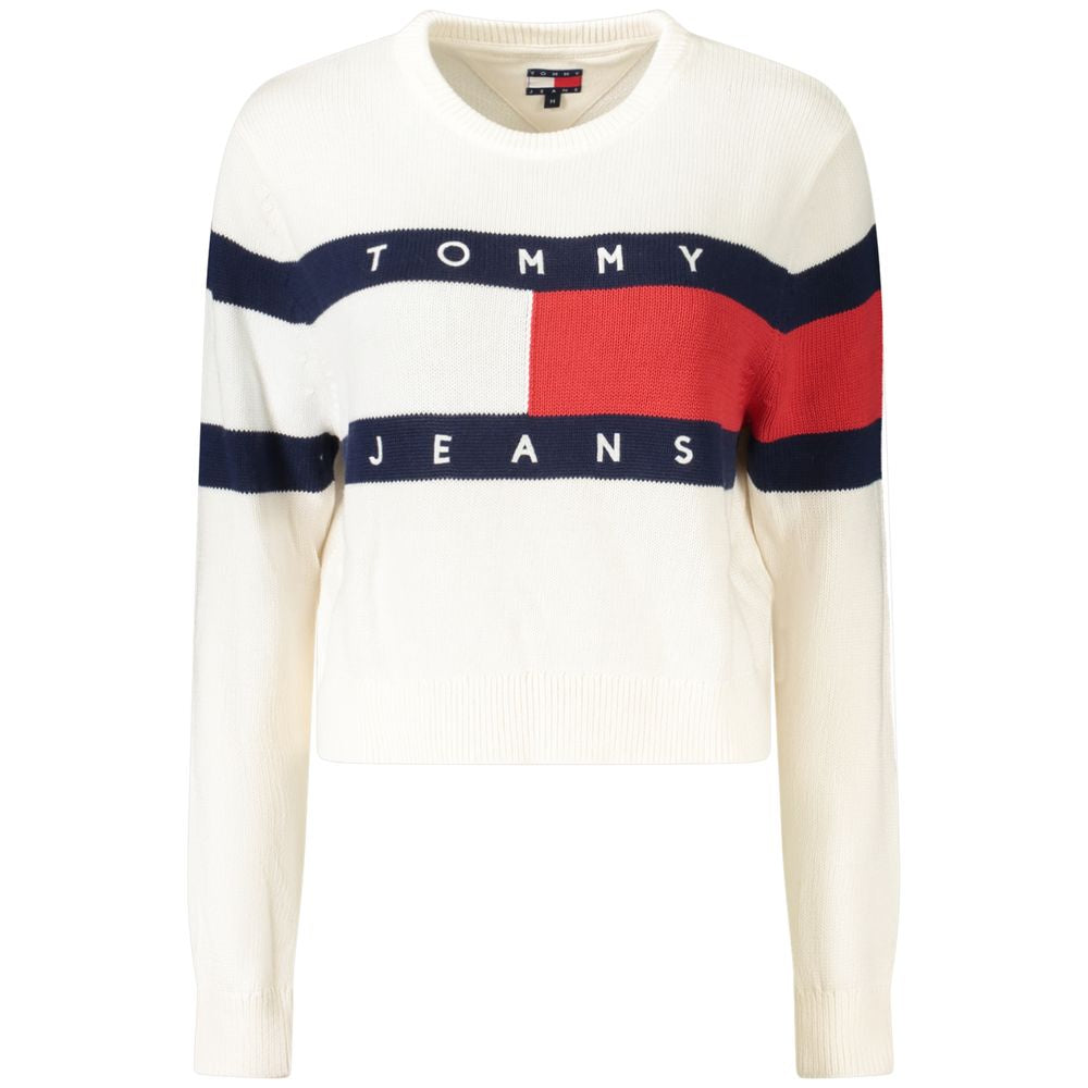 Tommy Hilfiger white cotton women's sweater with contrasting stripes and logo embroidery, classic crew neck style.