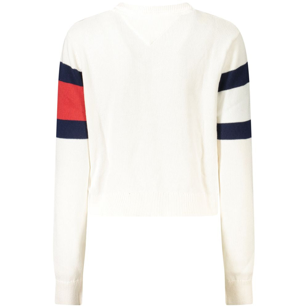 Tommy Hilfiger white cotton women's sweater with contrasting striped sleeves and embroidered logo, classic crew neck design, sustainable fabric.