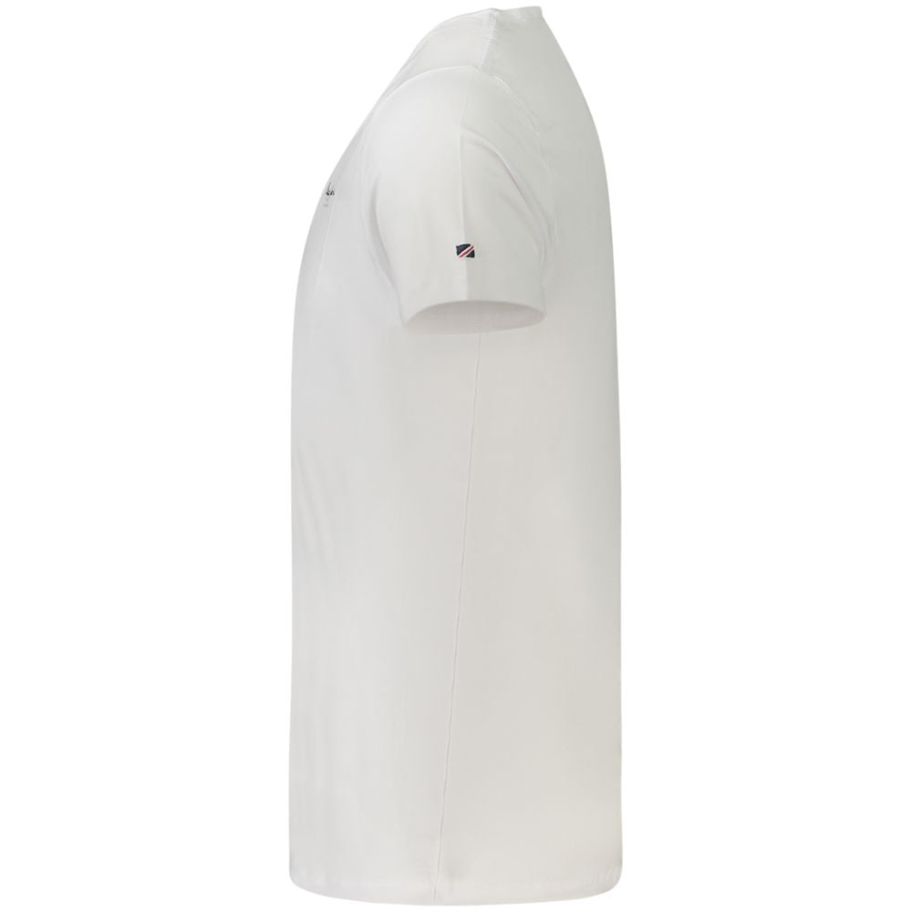 Side view of Pepe Jeans white cotton men's T-shirt with short sleeves and logo detail.