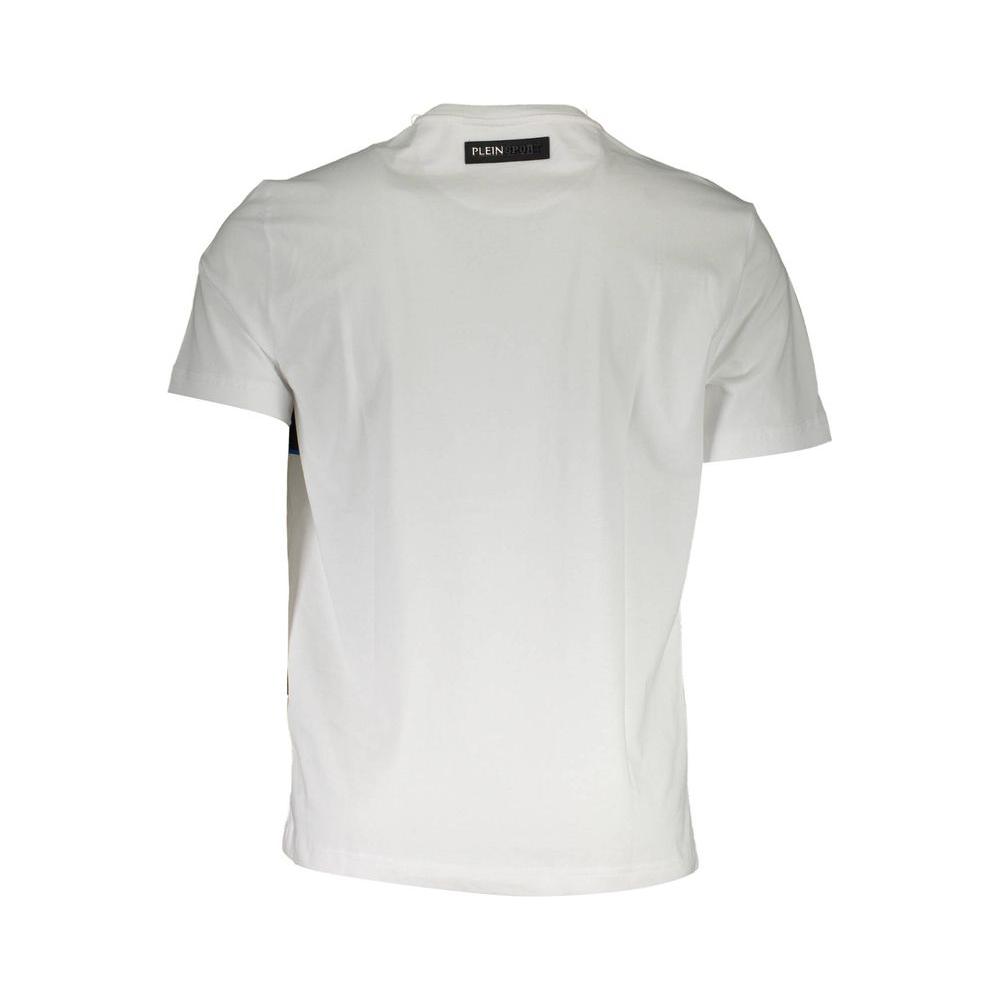 Plein Sport white cotton men’s t-shirt featuring short sleeves and bold logo, blending style and athletic elegance.