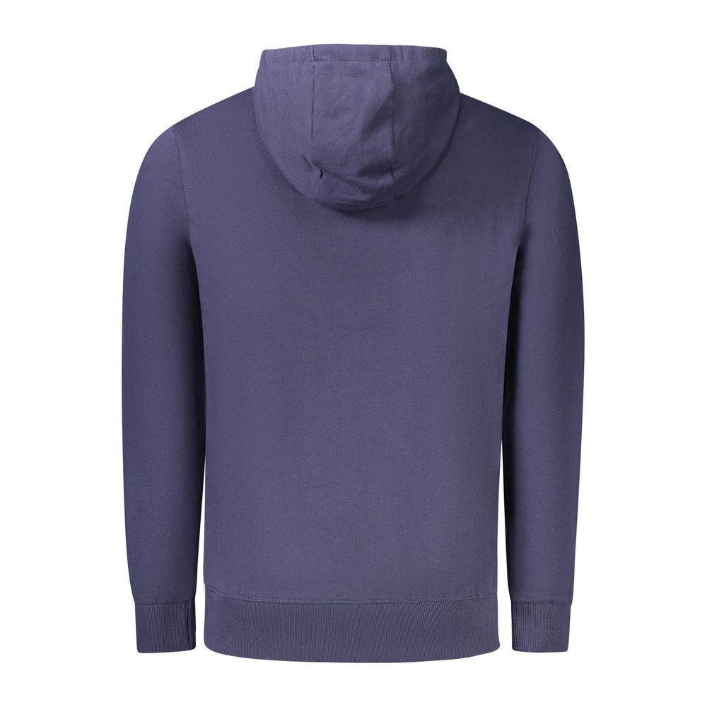 Back view of North Sails blue cotton men's sweater with hood and logo, showcasing long sleeves and soft brushed texture for comfort and style.